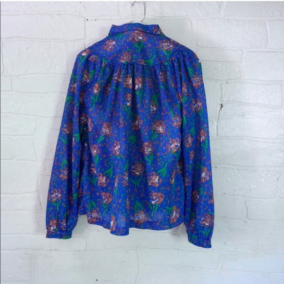Vintage 70s Retro Blouse Top Shirt Polyester Blue - Picture 2 of 4